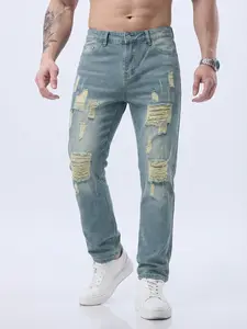 Men's High Street Denim Jeans, Loose Fit Straight Leg Pants, Fashionable Ripped Design, All Seasons Wear, Trendy Style, Streetwear