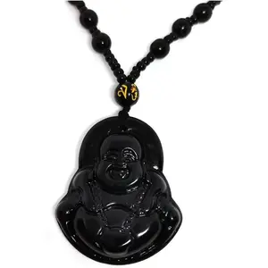 Obsidian Stone Buddha Beads Chain Necklace Imitate Jade Buddhism Jewelry for Women Men Protect Lucky Necklace