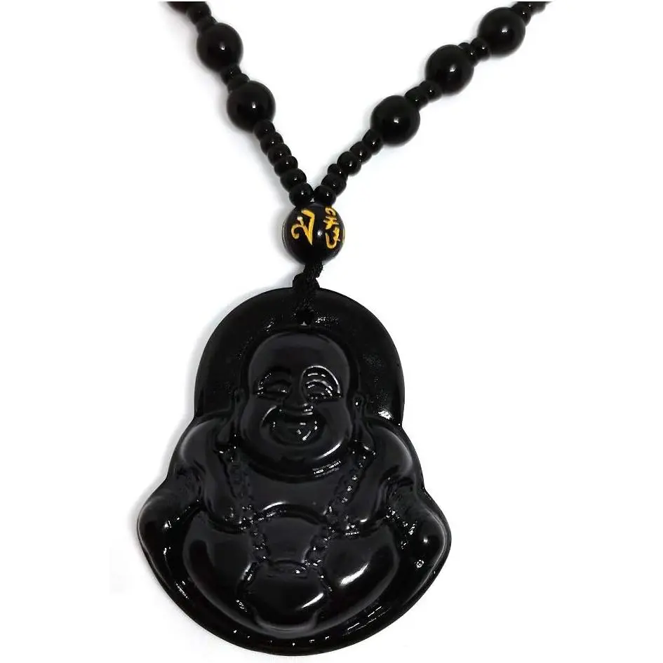 Unisex Obsidian Stone Buddha Beads Cable Necklace, Imitation Jade Buddhism Jewelry with Buddha Charm, Lucky New Year Protective Fashion Costume Jewelry, Gift for Mother's Day, 65cm