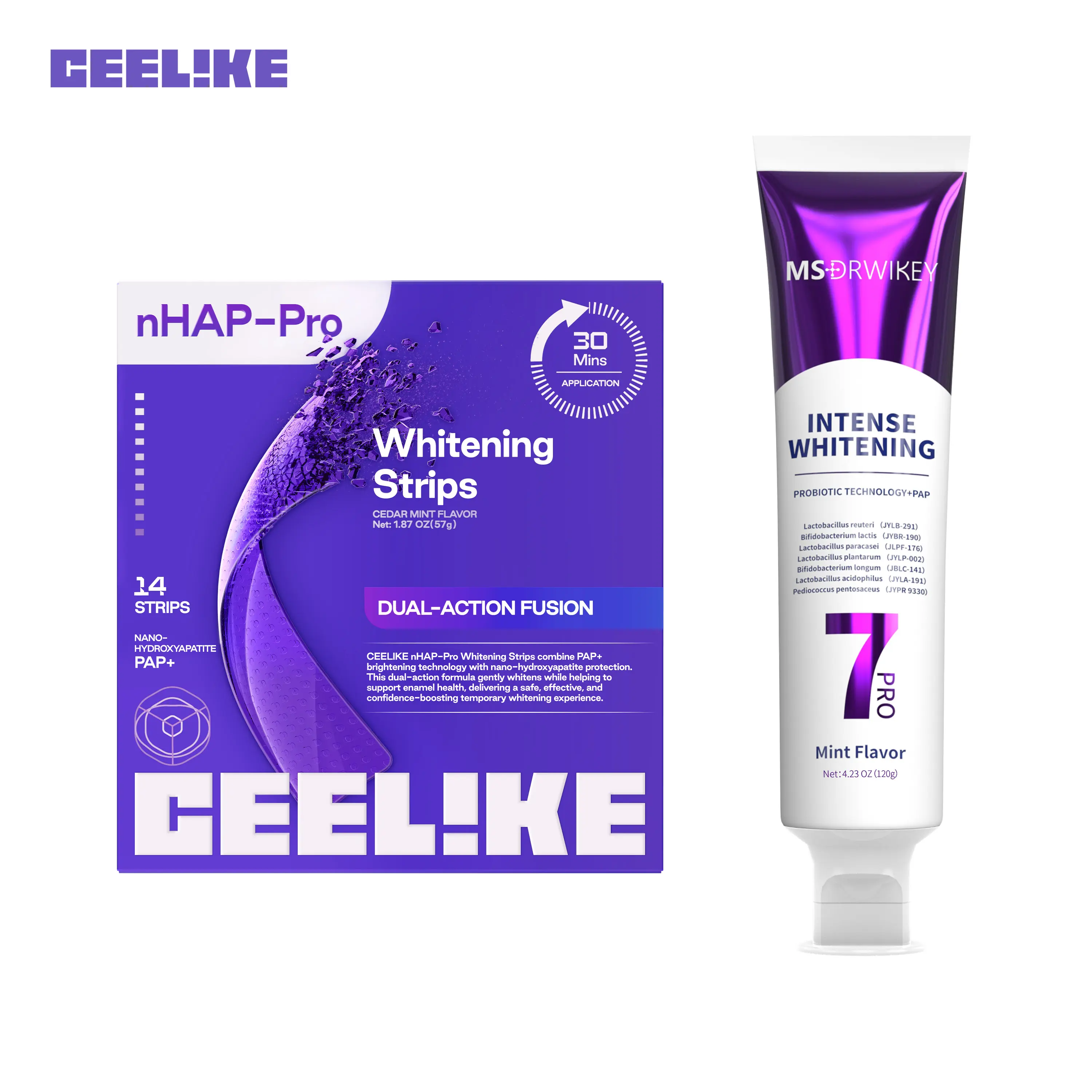 CEELIKE nHAP-Pro Whitening Teeth Strips (14 Strips / 7 Sessions) + Cheek Retractor & Toothpaste Set | 5% Hydroxyapatite + 8% PAP Formula · At-Home Brightening · Deep Teeth Cleaning