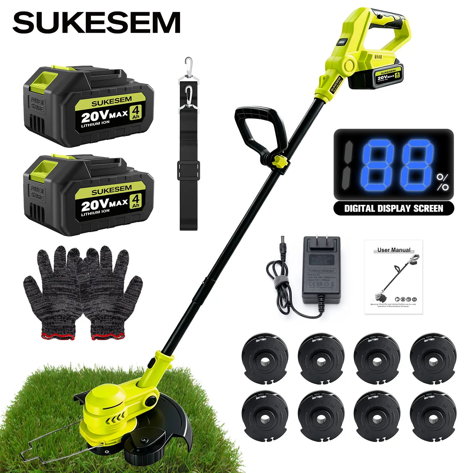 Cordless Weed Wacker, Brushless 3-in-1 String Trimmer, Weed Eater & Lawn Edger with Wheel, 20V Battery Powered 12-Inch Grass Trimmer, 8500 RPM Electric Brush Cutter, Charger & 8 Replacement Trimmer Lines