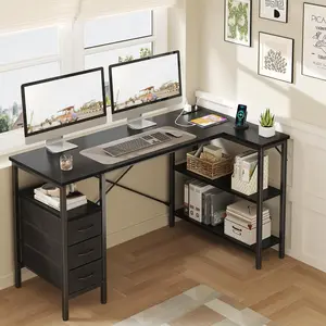 L Shaped Desk with Shelf Drawers 55 Inch, Black Corner Computer Desks Gaming with Power Outlet, Study Table with Adjustable Shelves, Home Office Tables for Bedroom Teacher Reading Writing