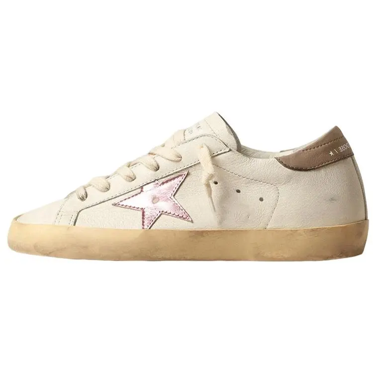 Women's Golden Goose Super-Star Leather Low-Top Lace-Up Casual Trainer - White-Pink Distressed Finish Rubber Walking Footwear, Maison Mihara Verifiable with Global Authentication Credentials