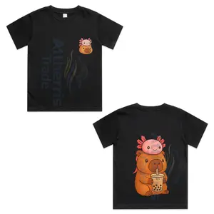 Cute Kawaii Bubble Tea Axolotl Capybara Front and Back Cotton T-shirt, Graphic Print Round Neck Short Sleeve Casual Tee for Boys Girls