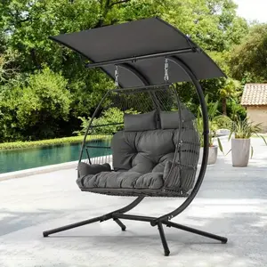 2 Person Hanging Egg Chair with Stand, Outdoor Wicker Rattan Swing Loveseat for Patio & Balcony, 580 lbs Capacity, Gray/Beige