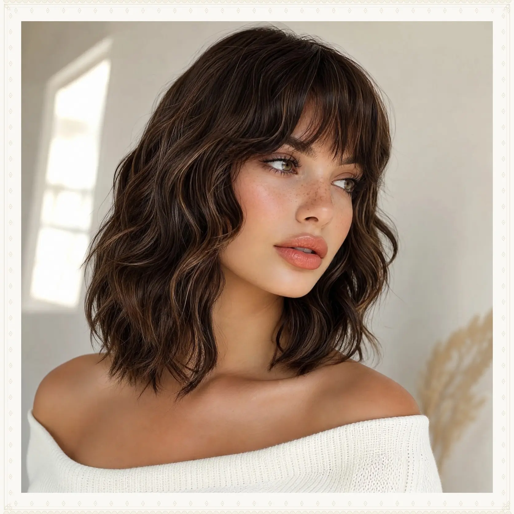 NAYASA Brown Highlight Wig with Bangs for Women Short Wavy Curly Brown Bob Wigs Medium Length 14 inch Synthetic Hair for Daily Party Use, No Glue Wig, Colored Bob Wig