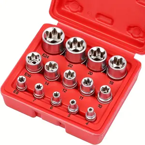 14-piece socket set, Impact socket set, Drive socket set, made of chrome vanadium steel, heat-treated and forged, comes with a multifunctional star-pattern key, torque socket set, outer case socket set, suitable for car repair, improving work efficiency