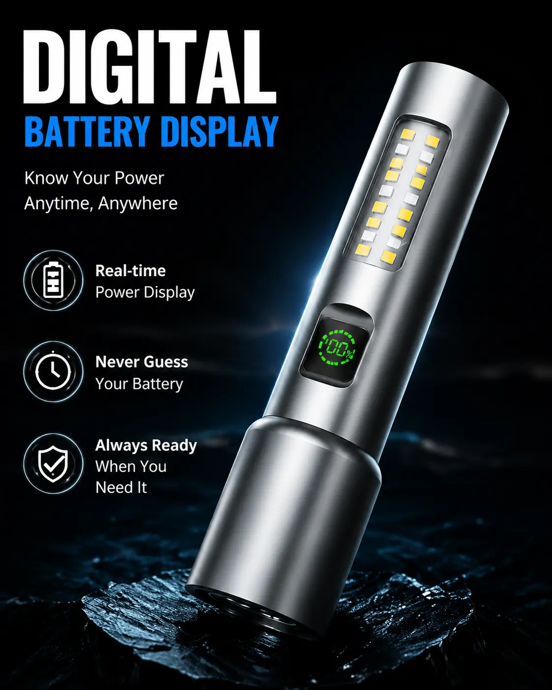 Unisex Handheld Zoom-Focus LED Flashlight, 1200LM USB Rechargeable Waterproof Metal Body Torch with Side Work Light, 5 Light Modes, USB Cable for Adults’ Camping, Hikers Daily Emergency Use