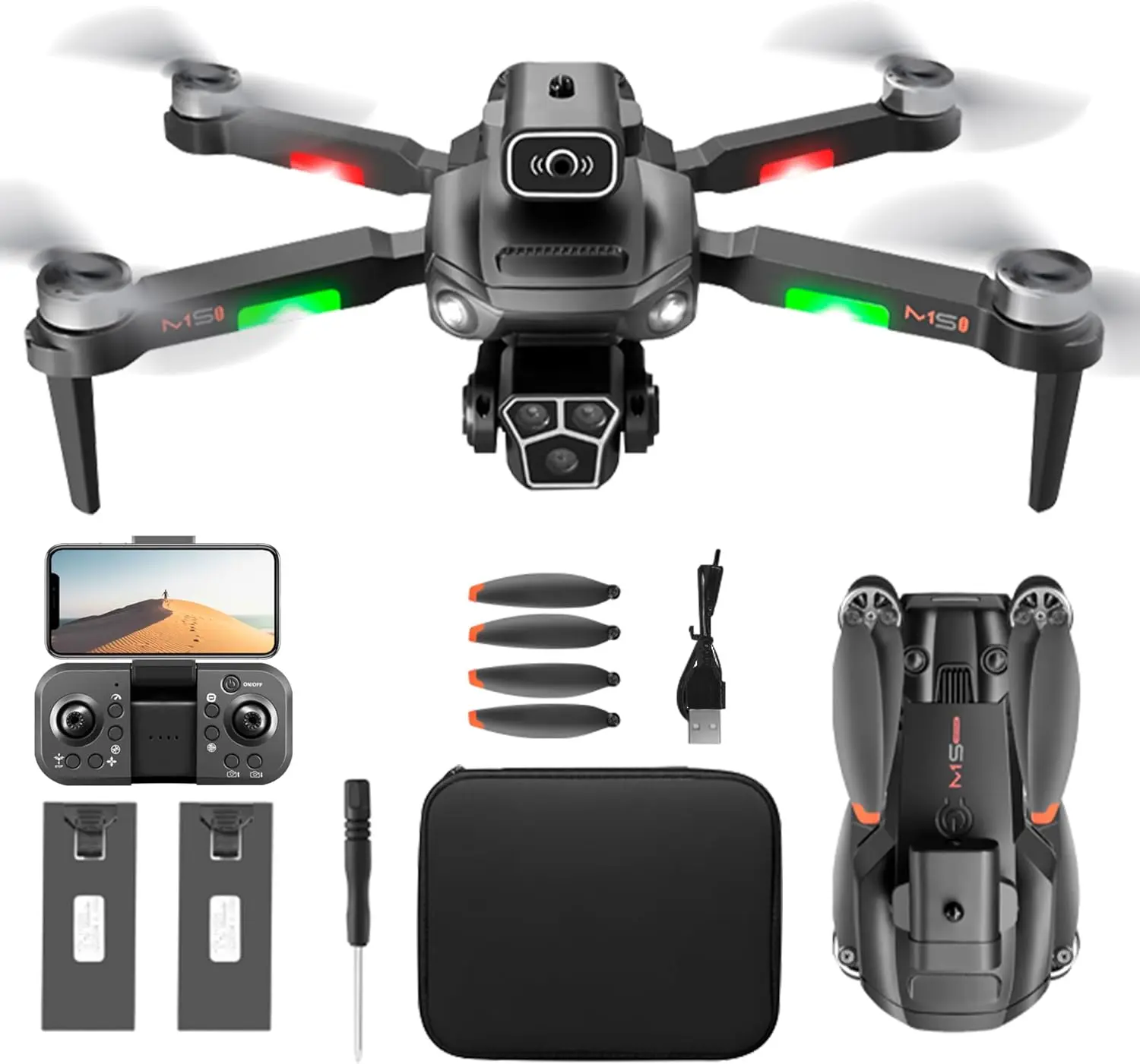 MS1 Drone with Camera Wi-Fi FPV Gesture Control Foldable 15 Min Flight Time 2 Batteries 15 Minutes Each Carrying Case Adjustable Lens Brushless Motor Obstacle Avoidance One Key Take Off Land for 2.4GHz Gift For Teen Black