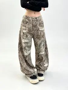 Lux Lee Leopard Print Distressed Barrel Jeans - High-Waist Tummy Control, Extreme Ripped Frayed Craft, Vintage Washed, Bold Y2K Street Style Statement Pants, High-Waisted, Retro Streetwear, thigh crease jeans