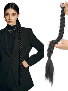 Synthetic Braided Ponytail Extensions, Boxing Braid Wraparound Ponytail, 28 Inch Three Strand Hair Extension, Elastic Hair Tie, Knotless Box Braid