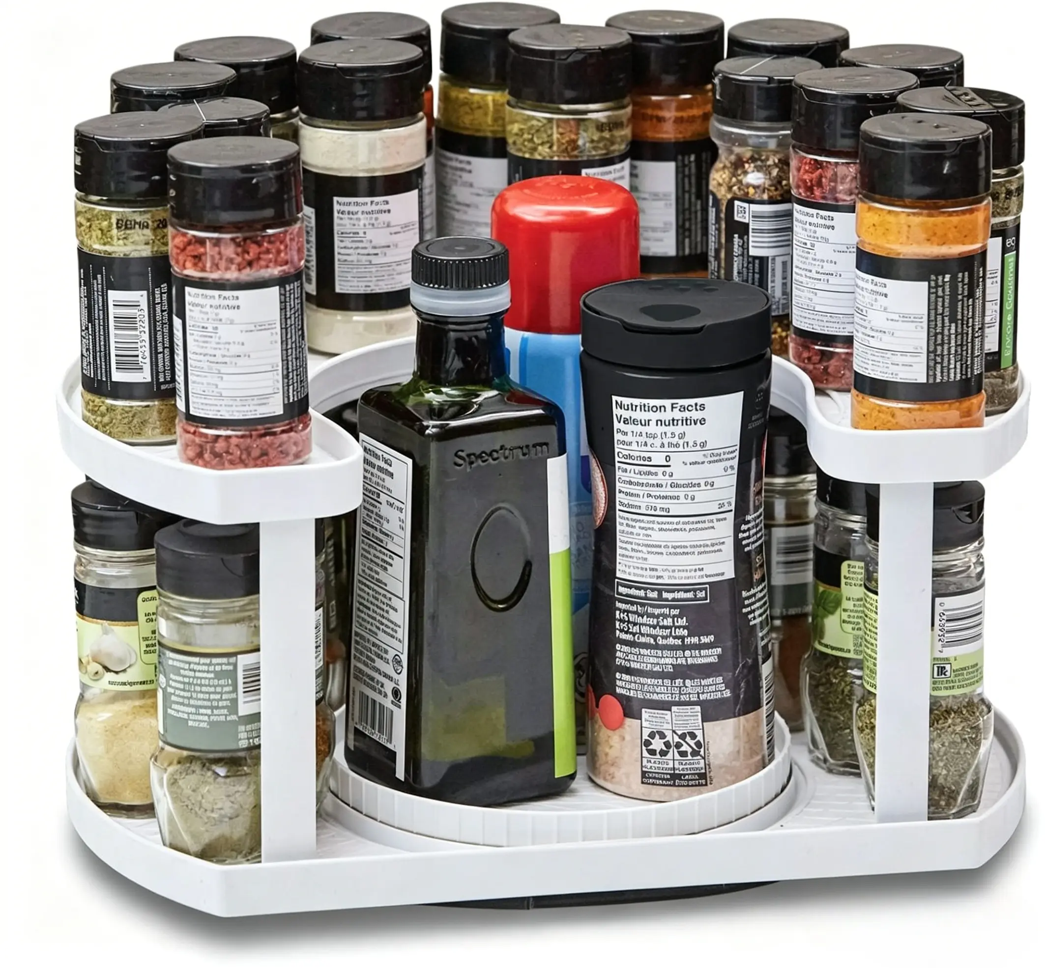 2-Tier Spice Organizer & Holder - Adjustable Cabinet Cart Organizer with Dual Spin Turntables for Space-Saving, Neat Storage, Easy Access