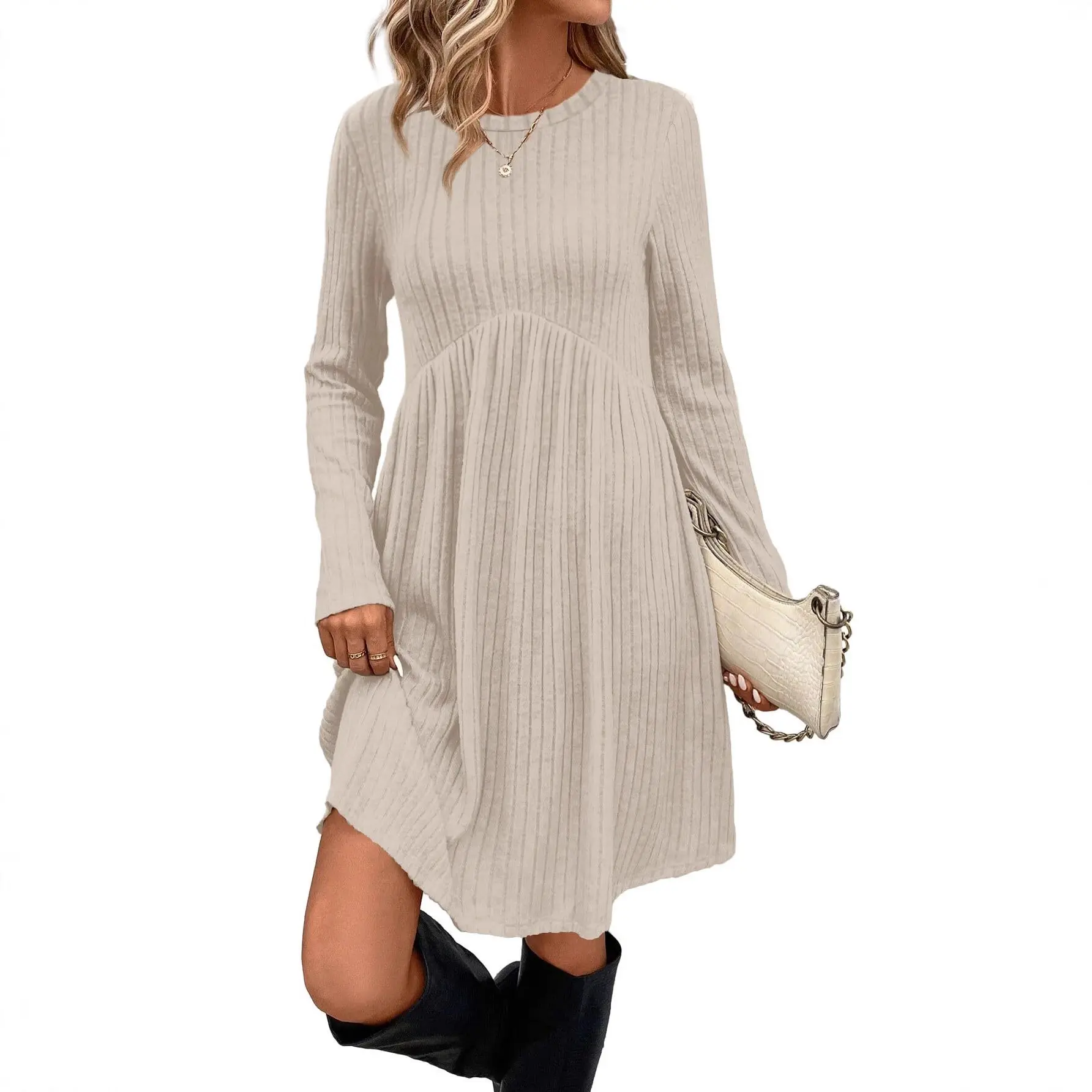 Long Sleeve Dress for Women Crew Neck Empire Waist Tunic Dress with Pockets