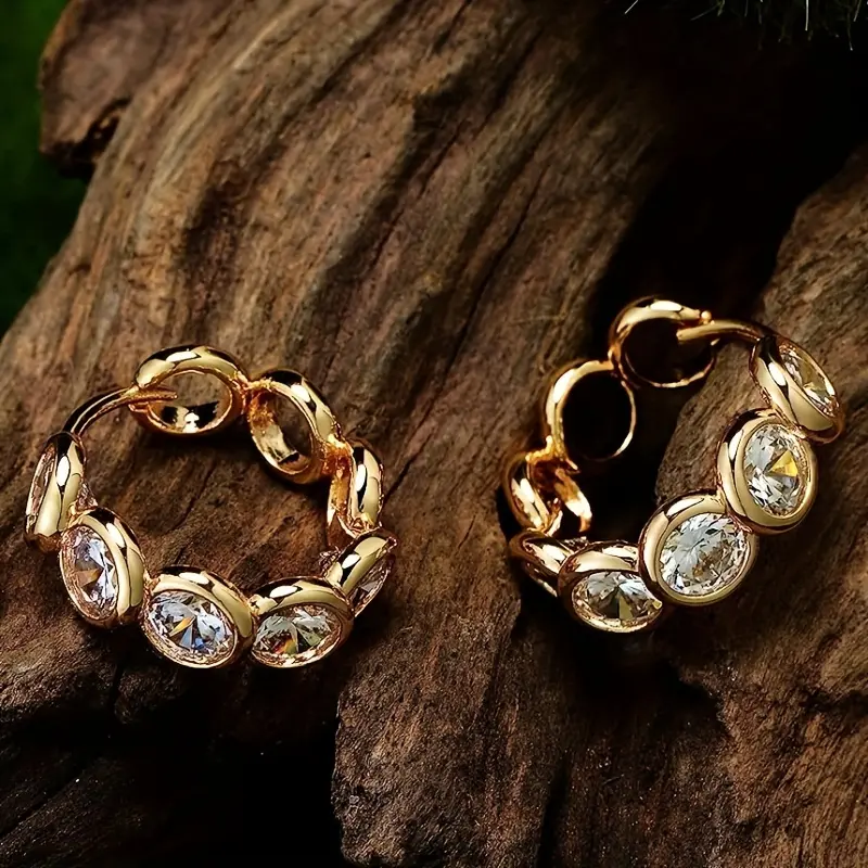 Women's Elegant Copper-Plated Hoop Earrings - Copper Earrings with Synthetic Cubic Zirconia (April Birthstone), Nickel-Free Ear Needles, Round Design, Valentine’s Day Gift for Daily & Party Wear, Cubic Zirconia Earrings