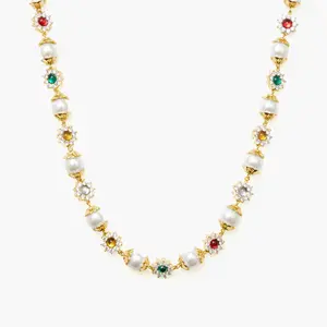 en route Daisy Pearl Necklace in Gold, Vibrant Gemstone Flowers with Pearl Accents, A Chic Statement Piece for Layering Day-to-Night #SpringStatements