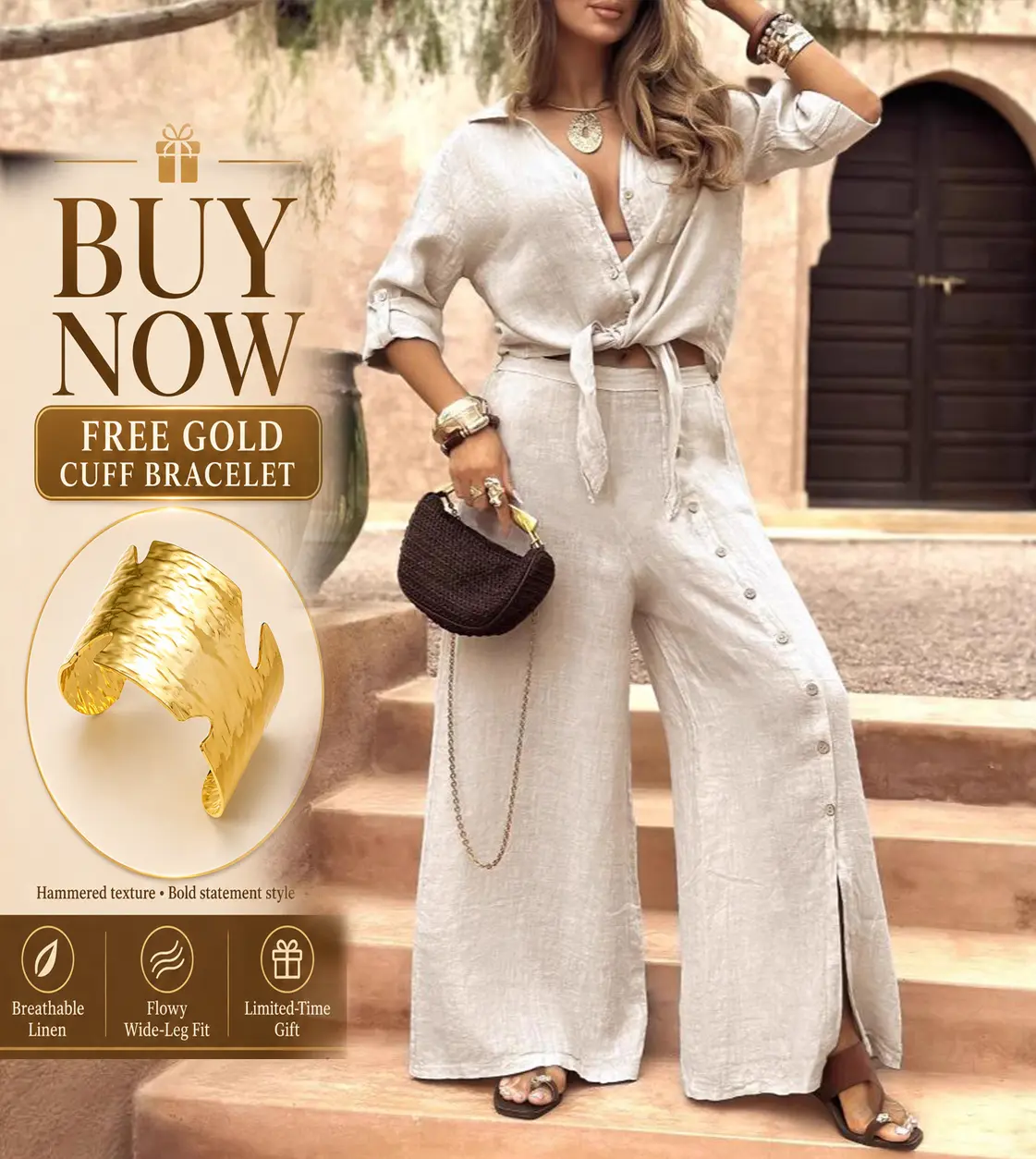 Women's Minimalist 2 Piece Casual Outfit, Solid Longsleeve Tie-Hem Shirt and Wide Leg Pants, Free Matching Bracelet, Fashion Apparel, Women's Clothes, Outfits, 2 Piece Sets, Two Piece Sets Women