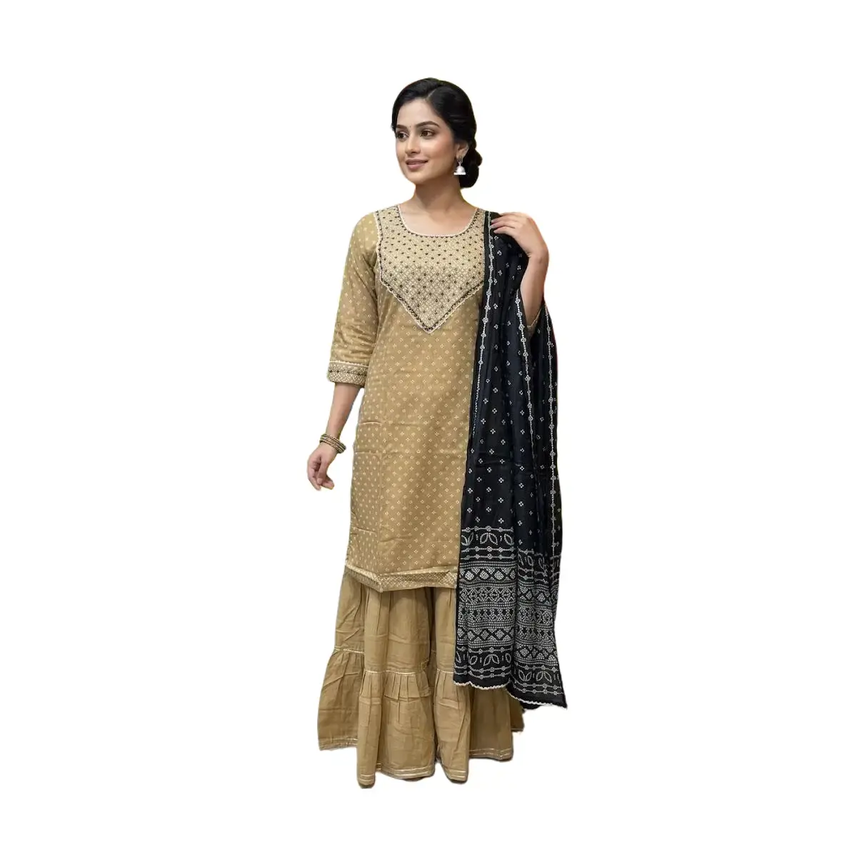 3PS-33 Beige Sharara Set with Black Contrast Dupatta