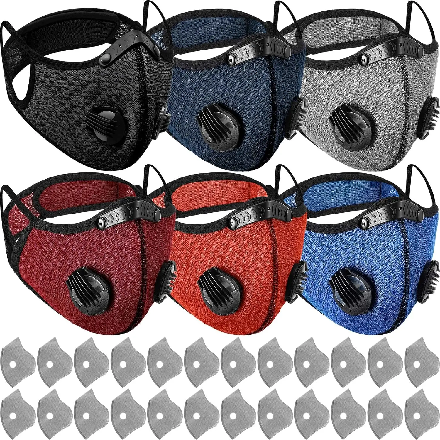 6 Pcs Reusable Breathable Mesh Fabric Face Covers & Mask, Adjustable Fog Free Odor-Cut Carbon Respirators with 24 Activated Carbon Filters for Woodworking Projects, Outdoor Sports for Men, Women