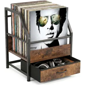 Vinyl Record Storage with Fabric Drawer, Vinyl Record Box Case Crate, Record Album Holder, Desktop Metal & Wooden LP Record Crate (Art Deco)