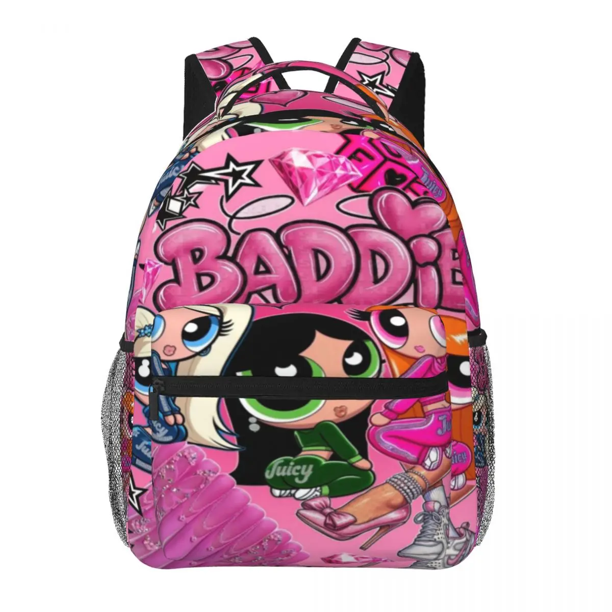 Pink Powerpuff Girls Full-Print Kids Backpack with Adjustable Straps, Large-Capacity Lightweight Cartoon Characters School Backpack for Girls, Backpacks For School, Waterproof Fabric