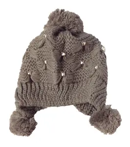 Fashion Culture Women's Cozy Knit Beanie with Studded Bows and Pom Pom, a Warm Cold Weather Accessory in Khaki, Cold Weather Accessories