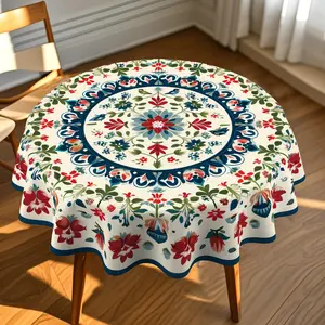 EastJia 1pc Polyester Round Elegant Tablecloth - 2D Flat Graphic Print, Vibrant Blue/Green/Red Tulip Motif, Boho Ethnic Design, Durable, Easy to Clean, Machine-Made, Ideal for Party Dining & Home Decor
