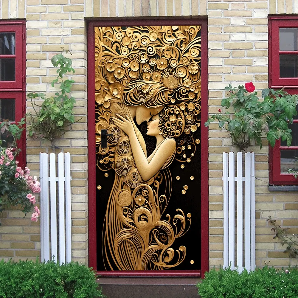 2pcs Luxury Gold Couple Relief Wall Sticker Modern Art Home Decor Door Mural Stereo Self Adhesive Wallpaper Sticker Creative Wall Decoration for Living Room Bedroom Waterproof Removable Wall Art Decal