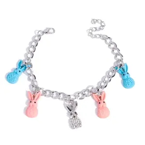Easter Bunny Charm Bracelet with Pink and Blue Bunnies and Rhinestone Accents for Festive Wear