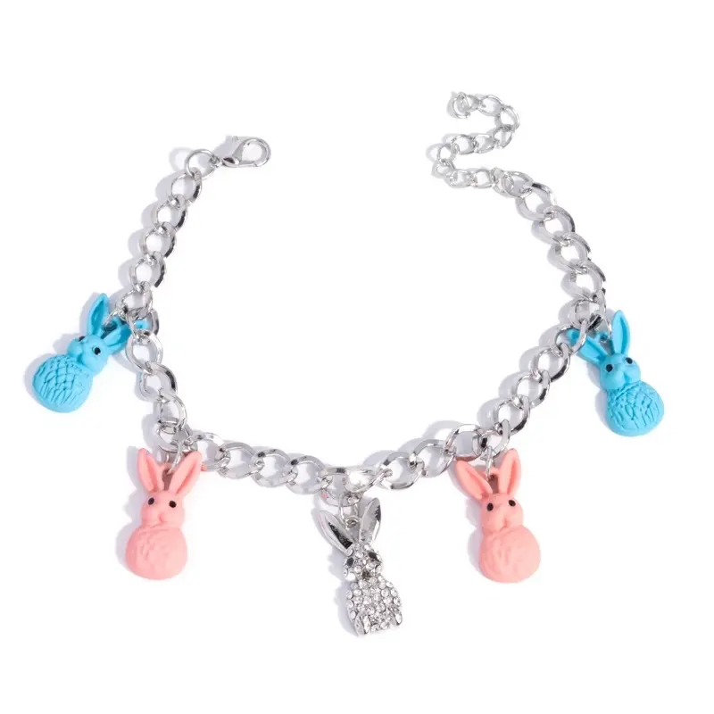 Easter Bunny Charm Bracelet with Pink and Blue Bunnies and Rhinestone Accents for Festive Wear
