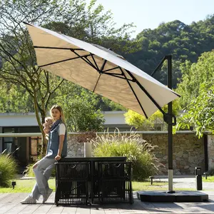 【Outdoor Must】9*12FT/10x10 FT 360° Rotation Cantilever Patio Umbrella Outdoor with Base- Large Offset Heavy-Duty Aluminum Umbrella, 6 Tilts, Windproof, 3-Year Fade Resistance for Pool Deck, Square, Beige