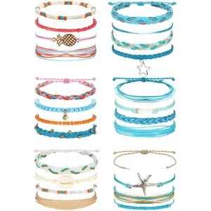 LOLIAS 24 Pieces Waterproof String Bracelets for Women Surfer Wave Boho Bracelet Adjustable Handmade Friendship Bracelet String Ocean Beach Boho Bracelets Anklets for Women