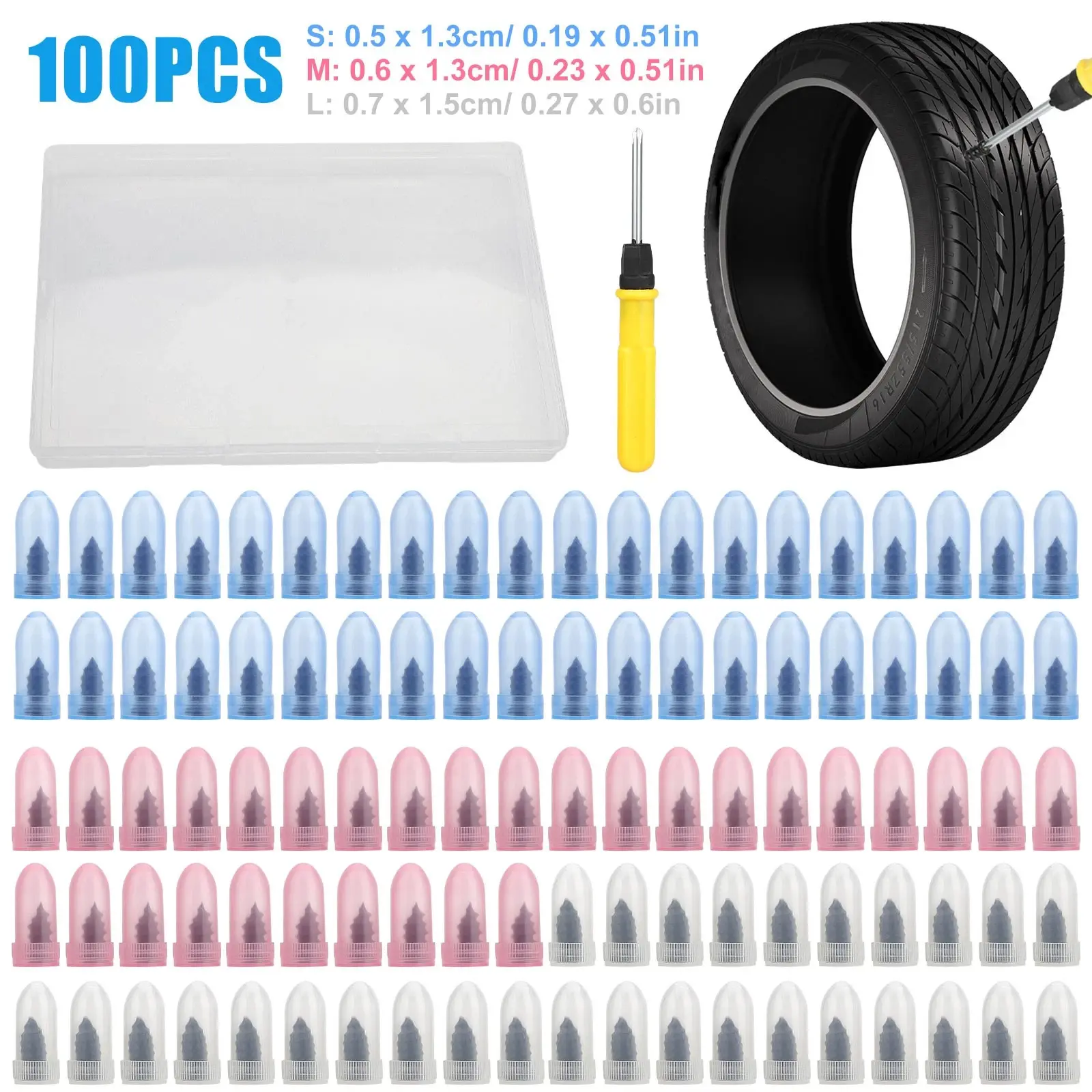 100PCS Tire Plug Kit with Screwdriver, Rubber Flat Tire Repair Kit for Fast Repair of Tire Punctures, Durable Car Tire Repair Kit Self-Service Repair Nails for Car Motorcycle Truck Vehicle Tire Patch Tire Inflator