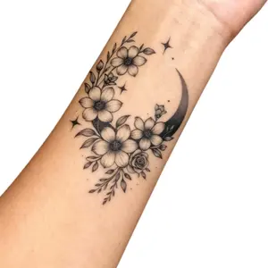 Moon & Flower Herbal Temporary Tattoo Sticker - Women's Creative Elegant Magical Tattoo Waterproof Long-Lasting 7-15 Days Arm Shoulder Semi-Permanent Tattoo