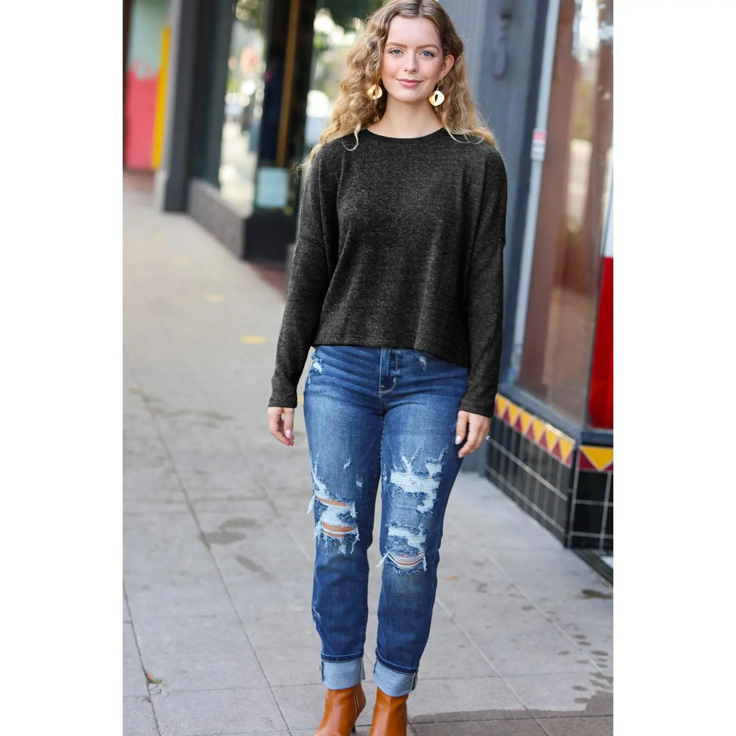 PLUS Stay Awhile Black Ribbed Dolman Cropped Sweater