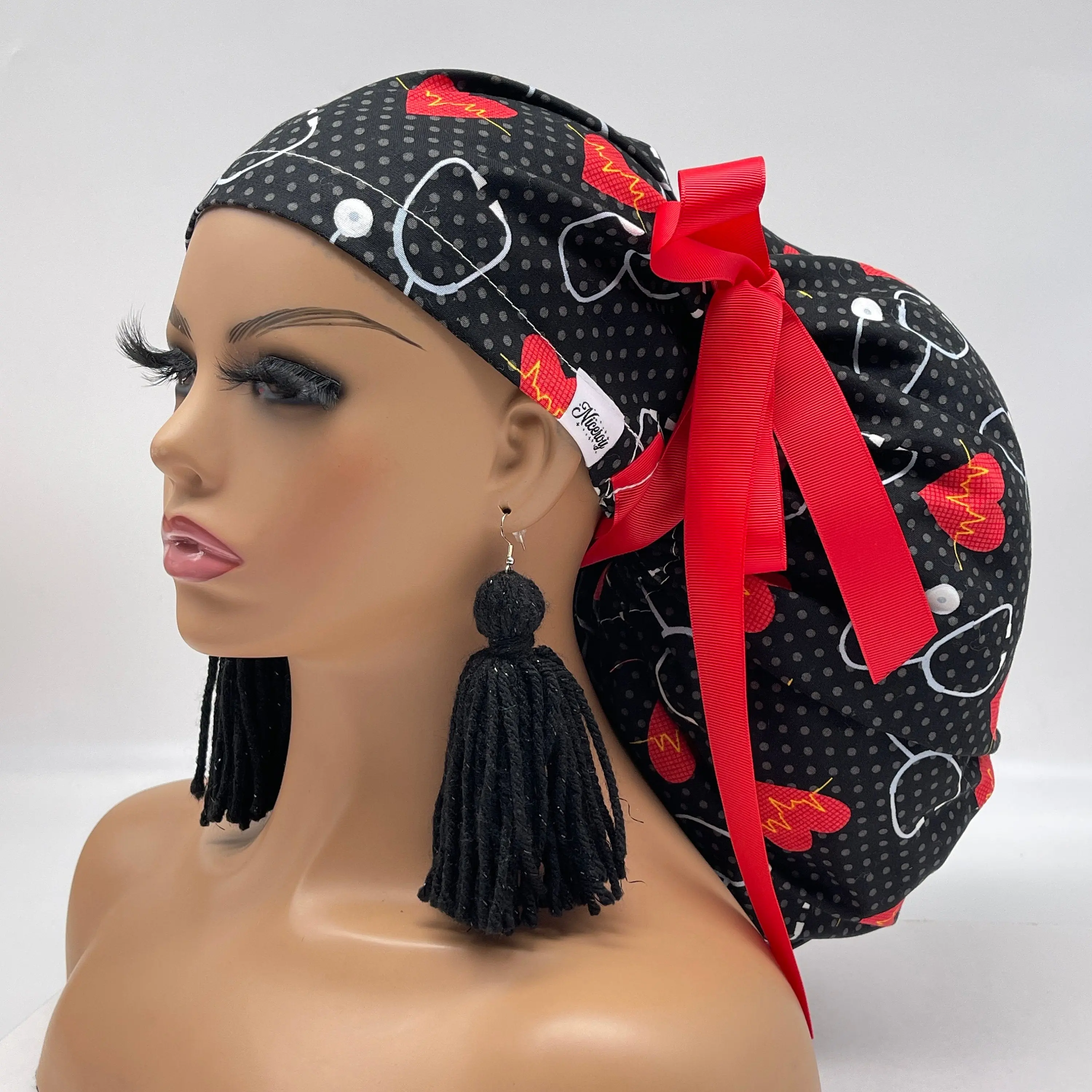 Niceroy 2XL JUMBO PONY Scrub Cap EKG Cotton Fabric Surgical Nursing Hat with Satin Lining for Extra Long Thick Hair Locs Adjustable Lightweight Personal Shower Cover