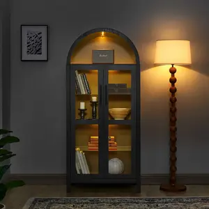 ARCH A high arched storage cabinet with a lamp, a modern retro-style wooden storage cabinet with adjustable glass partitions, suitable for use as a multi-functional cabinet in kitchens-Black