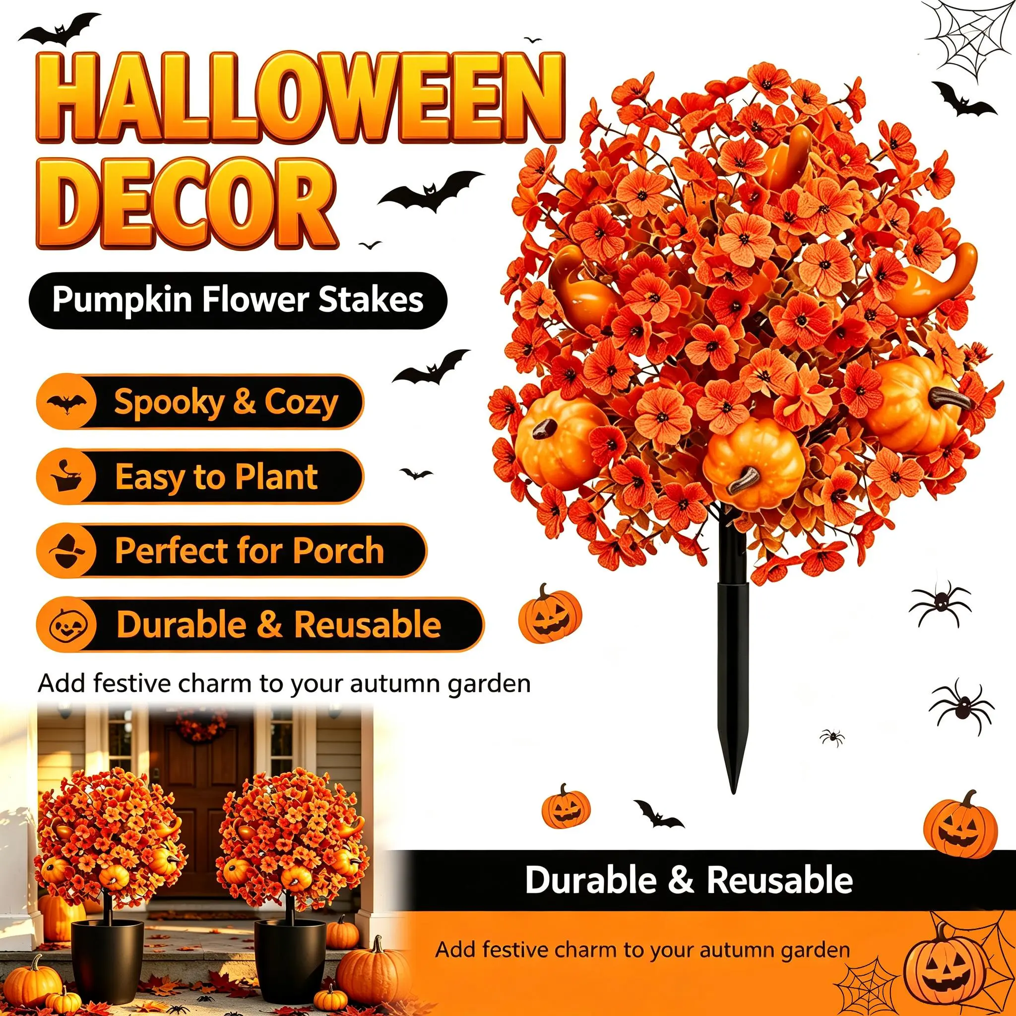 Artificial Halloween Pumpkin Flower Stakes, Fall Orange Floral Picks with Mini Pumpkins & Gourds, Reusable Outdoor Porch Garden Decor for Halloween, Autumn Thanksgiving Front Door Patio