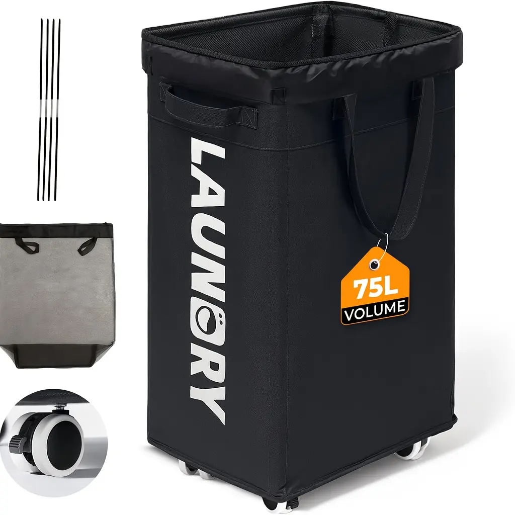 75L Sturdy Oxford Fabric Wheeled Laundry Hamper - Foldable Removable Basket, Portable Carry Handle, Wipe-Clean Rolling Storage - Laundry Organization Container for Bedroom, Bathroom (Black)