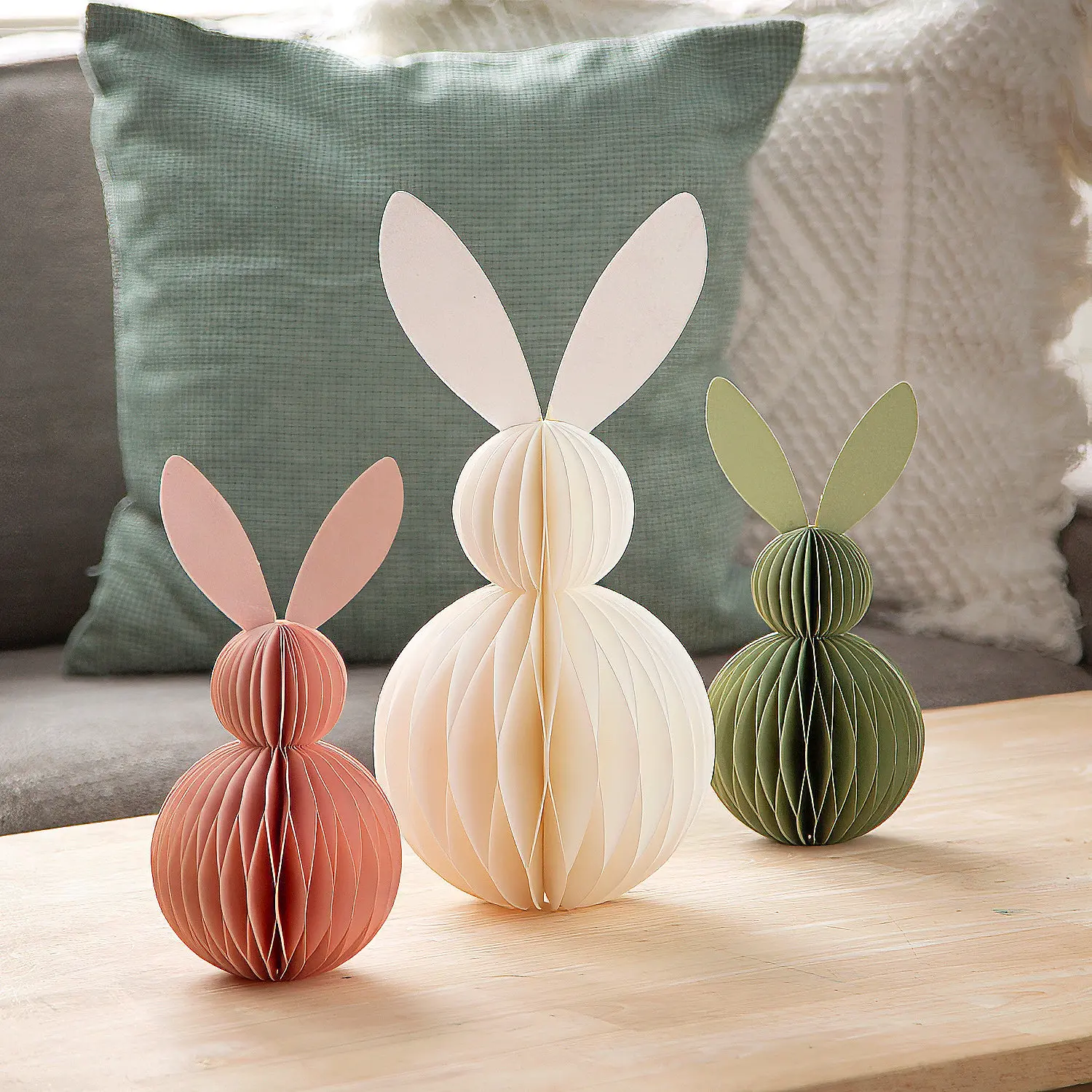 Pastel Enchanted Garden Tissue Bunny Shape Honeycomb Centerpiece Set - 3 Pcs, 8in-12.5in Pedestal Easter Decoration