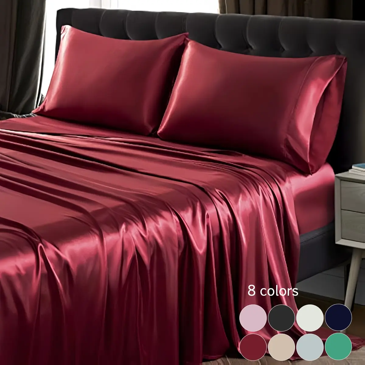 4-Piece Solid Color Satin Bedding Set, Bedsheet, Includes 1 Flat Sheet, 1 Fitted Sheet, 2 Pillowcase, Twin, Queen, King