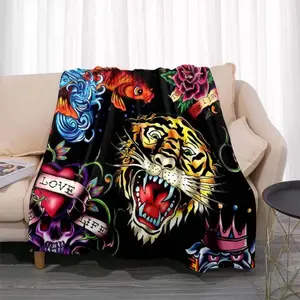 3D Tattoo Tiger Skull Blanket – Soft Flannel Throw for Living Room, Bedroom, Sofa & Office Relaxation