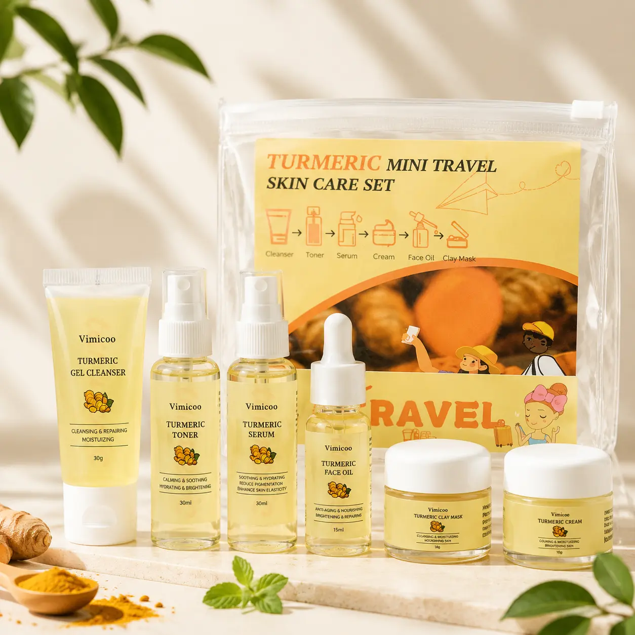 Vimicoo Turmeric Mini Travel Skincare Set 6 Piece , Hydrating Facial Care Routine Kit with Cleanser Toner Serum Cream Facial Oil & Clay Mask, Nourishing Glow Skincare Essentials for Vacation Beach Travel & Daily Use