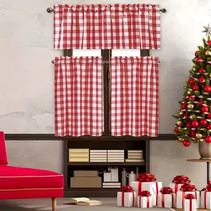 SoftHaven 3-Piece Plaid Semi-Sheer Short Curtain Set - Made in USA, Rod Pocket Top, Classic Rustic Cabin Style, Coffee Color, Festive Vibe, Polyester Fabric, for Kitchen & Laundry Room Partition Decoration, Semi-Sheer Look