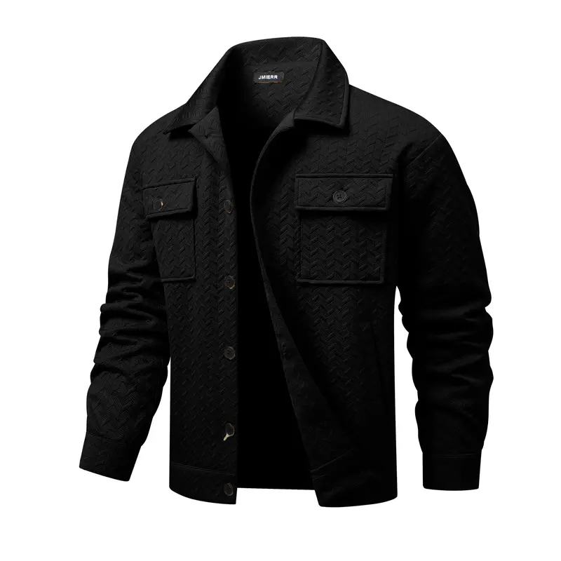 JMIERR Mens Herringbone Textured Lapel Trucker Jacket Fall Winter Casual Button Down Outerwear Menswear Long Sleeve Tops