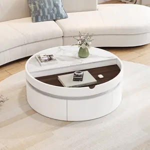 White Round Lift Coffee Table with 1 Drawer 29.5" Marble Wood Grain Top Hidden Storage Dual-Tone Design Compact for Small Spaces