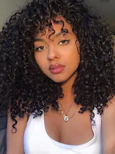 14 Inch Black Short Curly Wigs for Women, Natural Looking Gorgeous Fluffy Wigs with Bangs, Synthetic Full Machine Wigs for Party Photography, Daily Use, Kinky Curly Wig