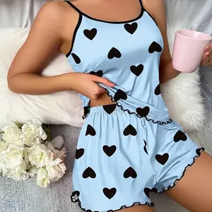 Set of Women's Pajamas with Heart-Shaped Printed Vest and Shorts Casual Home Women's Pajamas Set Butterfly print pajama set, camisole vest, elastic waistband shorts, women's pajamas and home decor