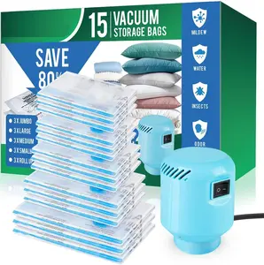 Vacuum Storage Bags with Electric Air Pump, 15 Pack (3 Jumbo, 3 Large, 3 Medium, 3 Small, 3 Roll Up Vacuum Sealer Bags) Space Saver Bag for Clothes, Blanket, Duvets, Pillows, Comforters, Travel Organiser Hand