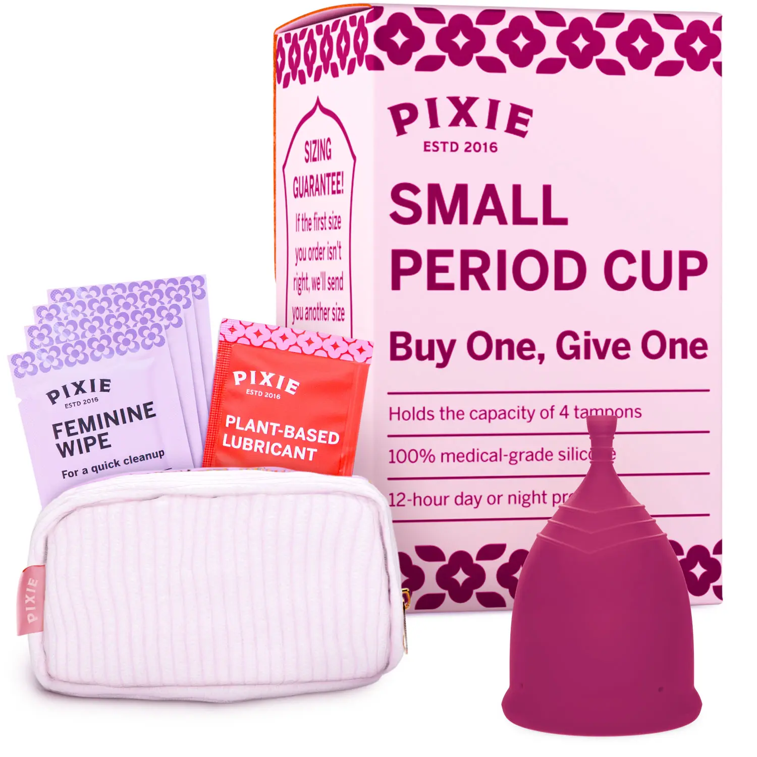 Pixie Soft Menstrual Cup - Ranked 1 for Most Comfortable Reusable Period Cup - Buy One We Give One - Includes Ebook Guide, Cleaning Wipes, Lube, & Storage Bag - Tampon and Pad Alternative (Small, Plum)