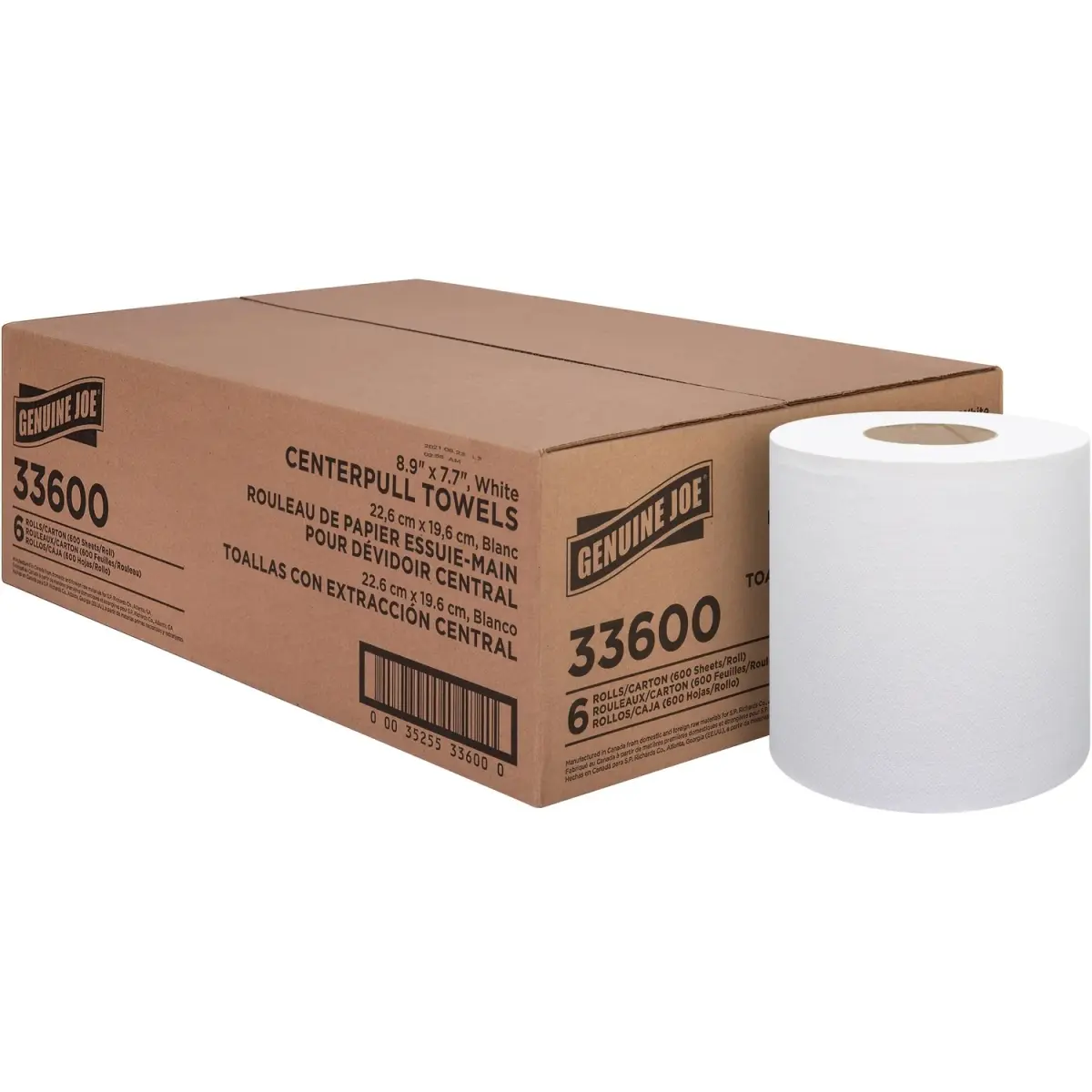 Genuine Joe Soft Center-Pull Toilet Towel Rolls - 6-Pack, 600 Sheets per Roll, White, Virgin Fiber